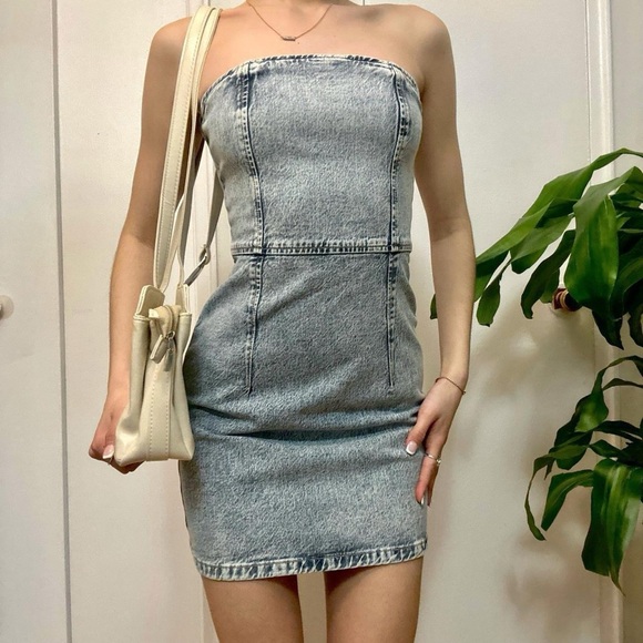 Zara Brand New Strapless Light Washed Denim Bodycon Mini Dress - Picture 7 of 8